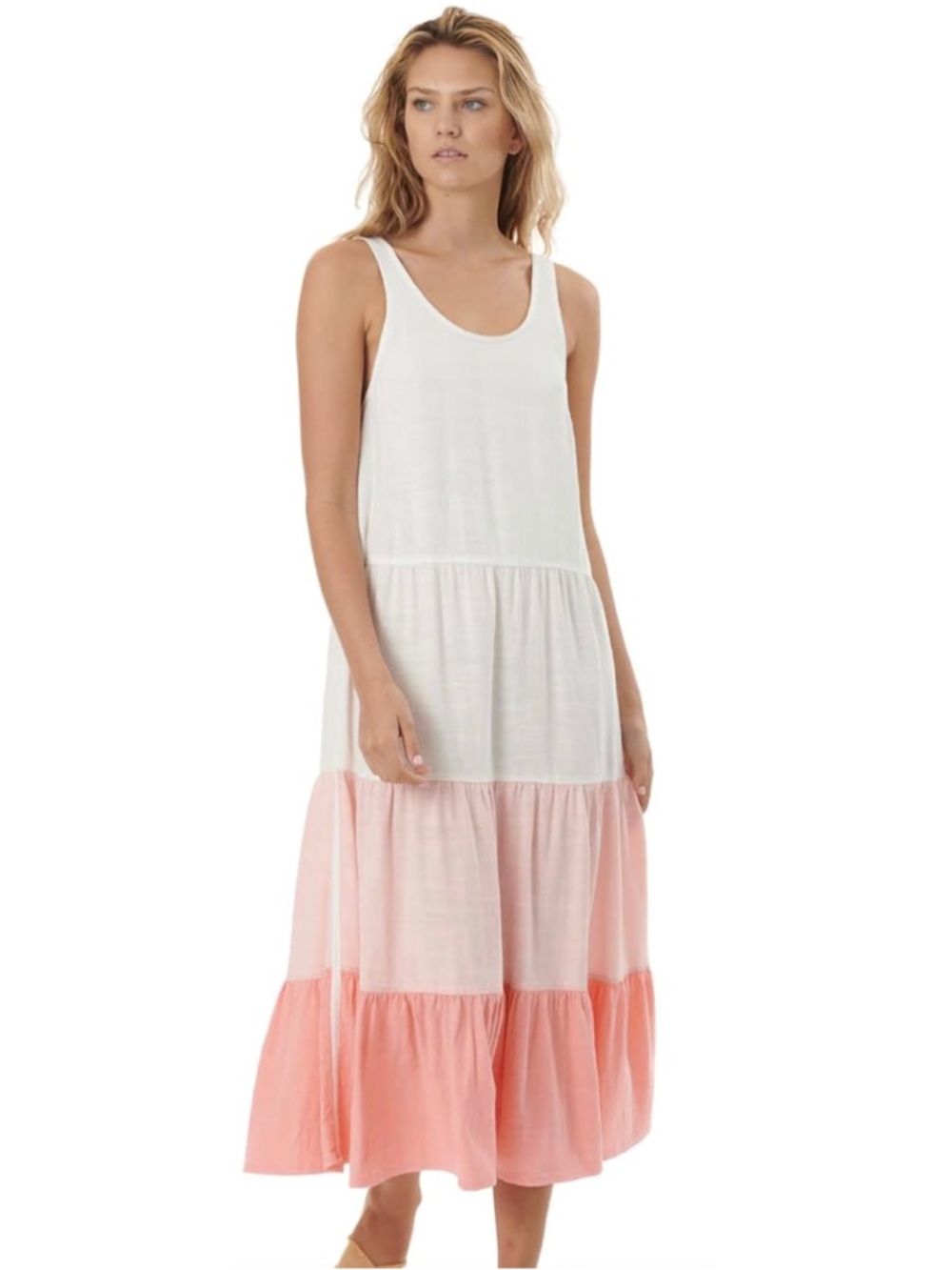$188 Splendid Women White Pink Linen Mirage Scoop-Neck Tiered A-Line Dress M